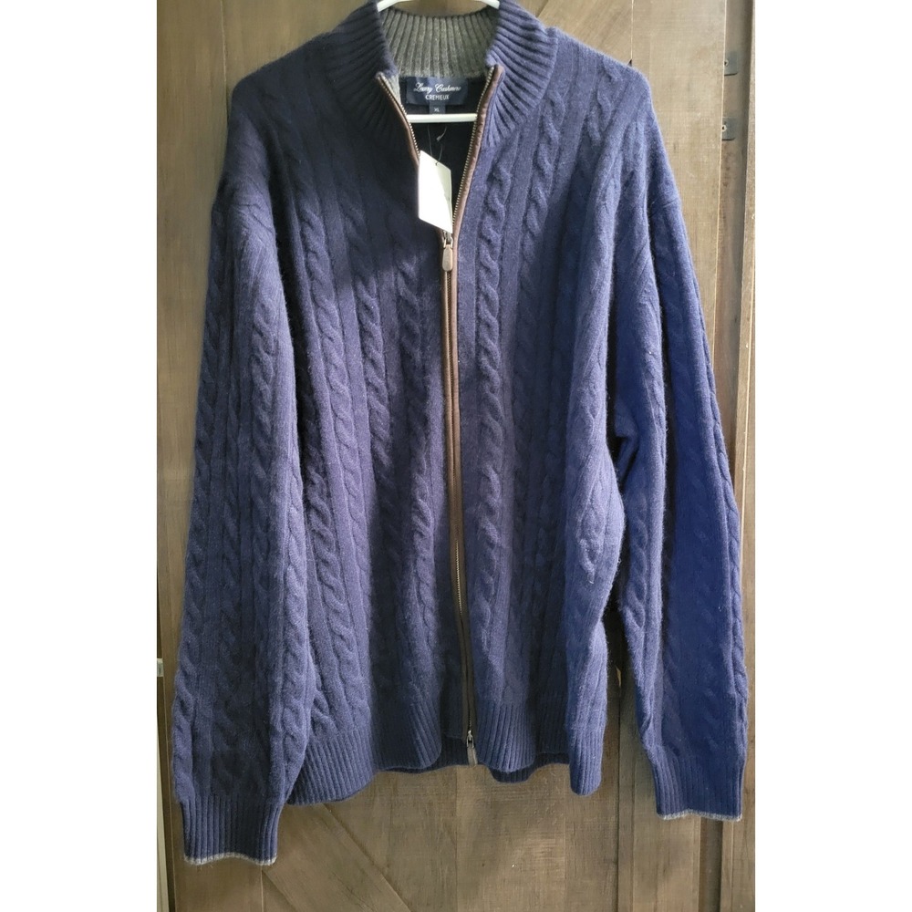 Cremieux Luxury Cashmere Men XL Blue Cable Knit Full Zip Sweater Elbow Patch